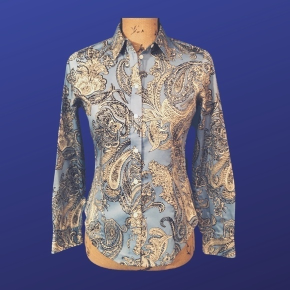 TALBOTS HABERDASHERY PETITES Blouse Shirt, BLUE/CRM/BLACK PAISLEY, Size 2P, NWOT - Picture 1 of 8